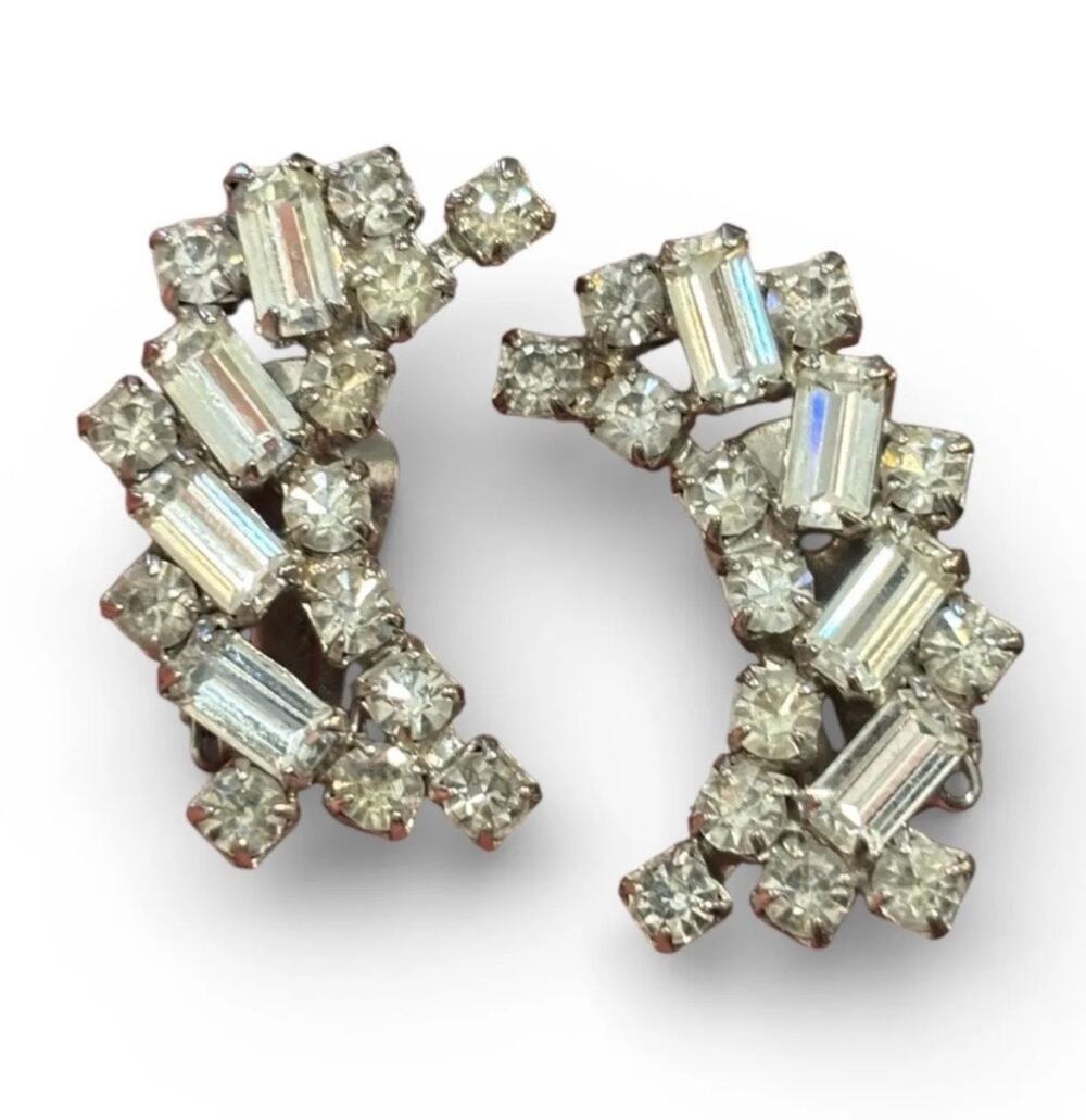 Vintage Rhinestone Clip Earrings Baguette Crystal Crescent Spray Silver Tone